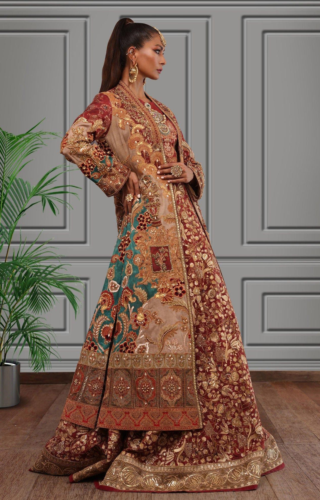 Shamaeel - Silk Embroidered Lehenga and Choli with Long Silk Embroidered Open Jacket - Studio by TCS