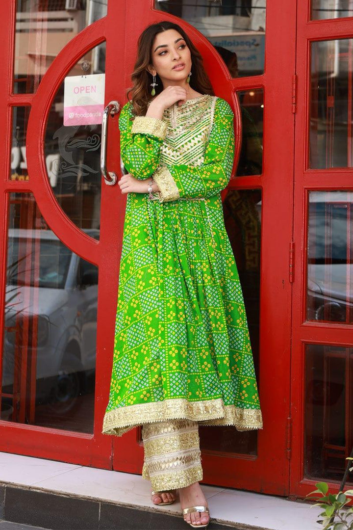 Pink Tree - Leaf Green Chunri Printed Muslin Shirt with Ivory Izaar - Studio by TCS