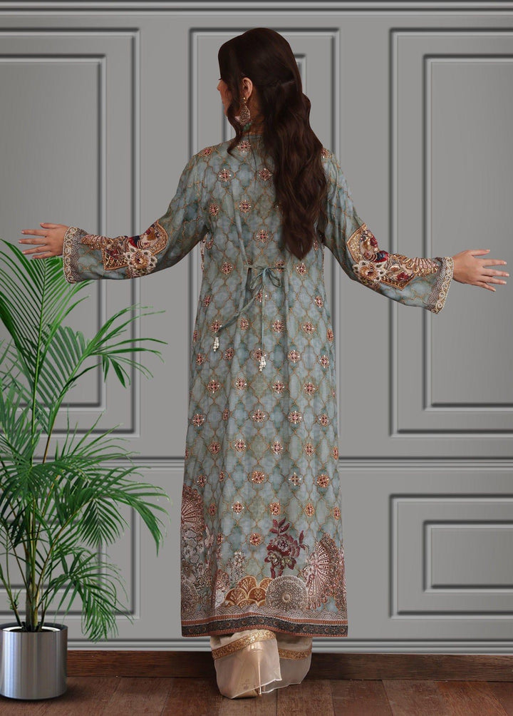 Shamaeel - Silk Embroidered Long Jacket with Off-white Silk Inner and Pants - Studio by TCS