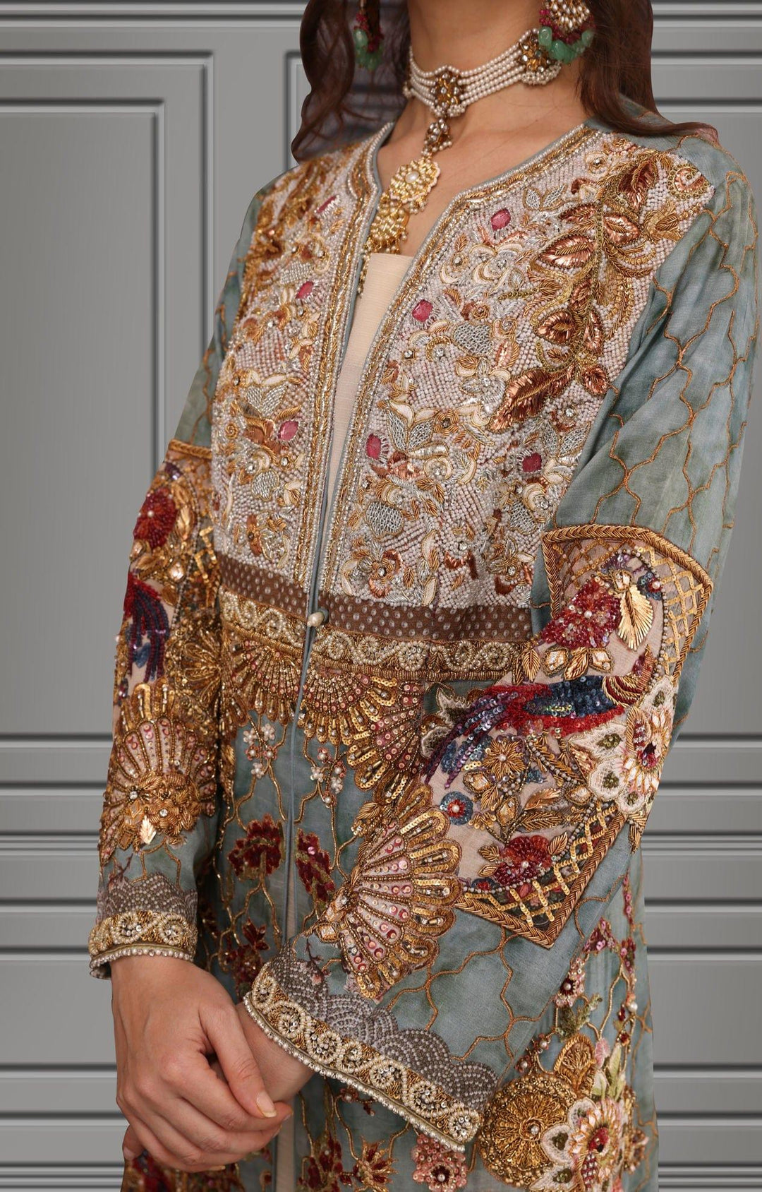 Shamaeel - Silk Embroidered Long Jacket with Off-white Silk Inner and Pants - Studio by TCS