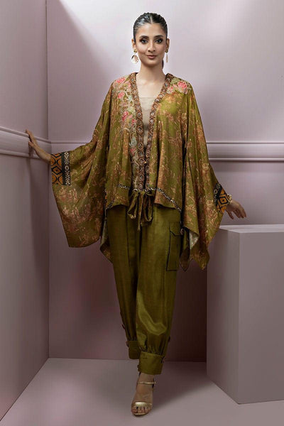 Shamaeel - Silk Olive Green Inner and Pants with Embroidered Ponchi Style Open Shirt - Studio by TCS