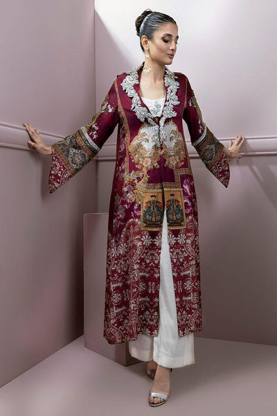 Shamaeel - Maroon Silk Embroidered Open Jacket with Silk Inner and Pants - Studio by TCS