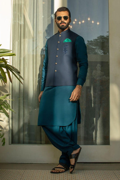 Deepak Perwani - Navy Blue Waist Coat with Teal Boski Linen Kurta and Shalwar - 3 Piece - Studio by TCS