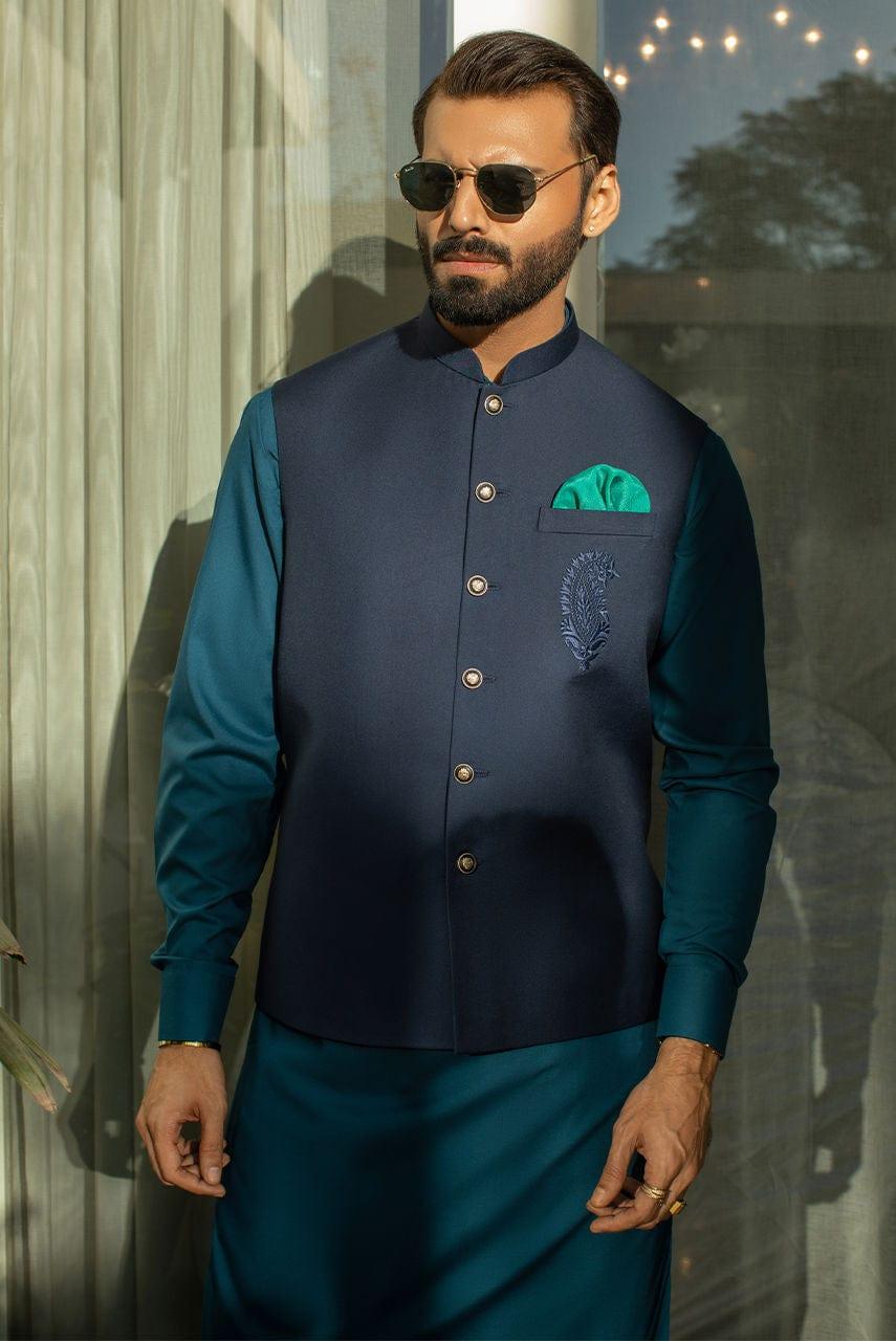 Deepak Perwani - Navy Blue Waist Coat with Teal Boski Linen Kurta and Shalwar - 3 Piece - Studio by TCS