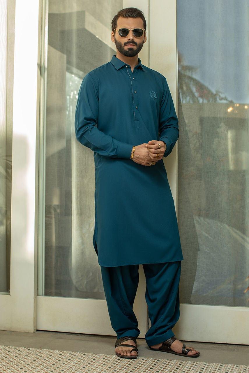Deepak Perwani - Navy Blue Waist Coat with Teal Boski Linen Kurta and Shalwar - 3 Piece - Studio by TCS