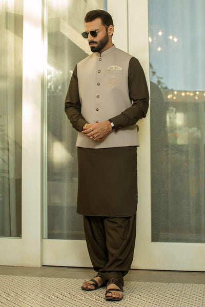 Deepak Perwani - Beige Waist Coat with Greenish Brown Boski Linen Kurta Shalwar - 3 Piece - Studio by TCS