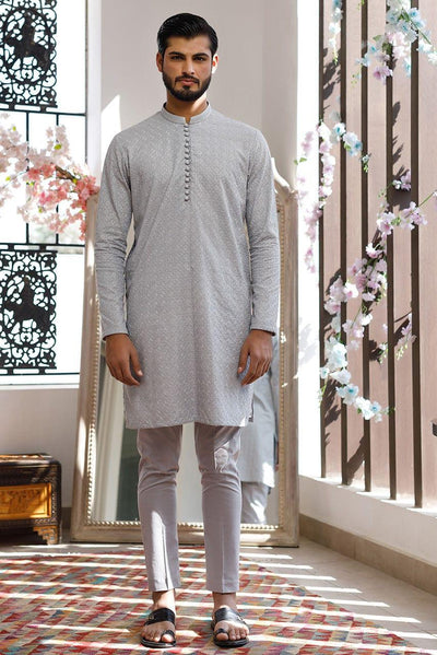 Deepak Perwani Men - Grey Cotton Embroidered Kurta Pajama - MOF1886 - 2 Piece - Studio by TCS