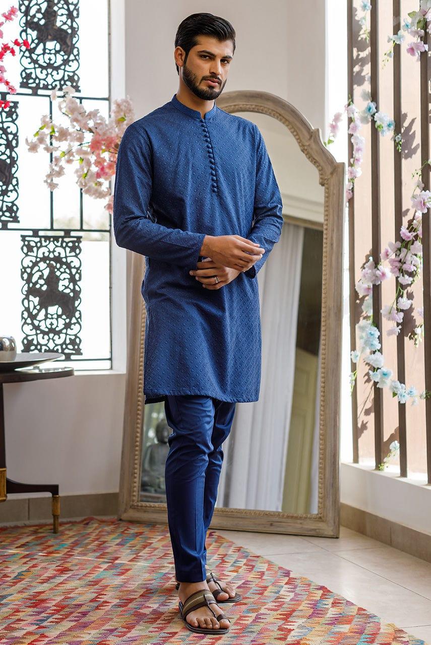 Deepak Perwani Men Blue Cotton Embroidered Kurta Pajama