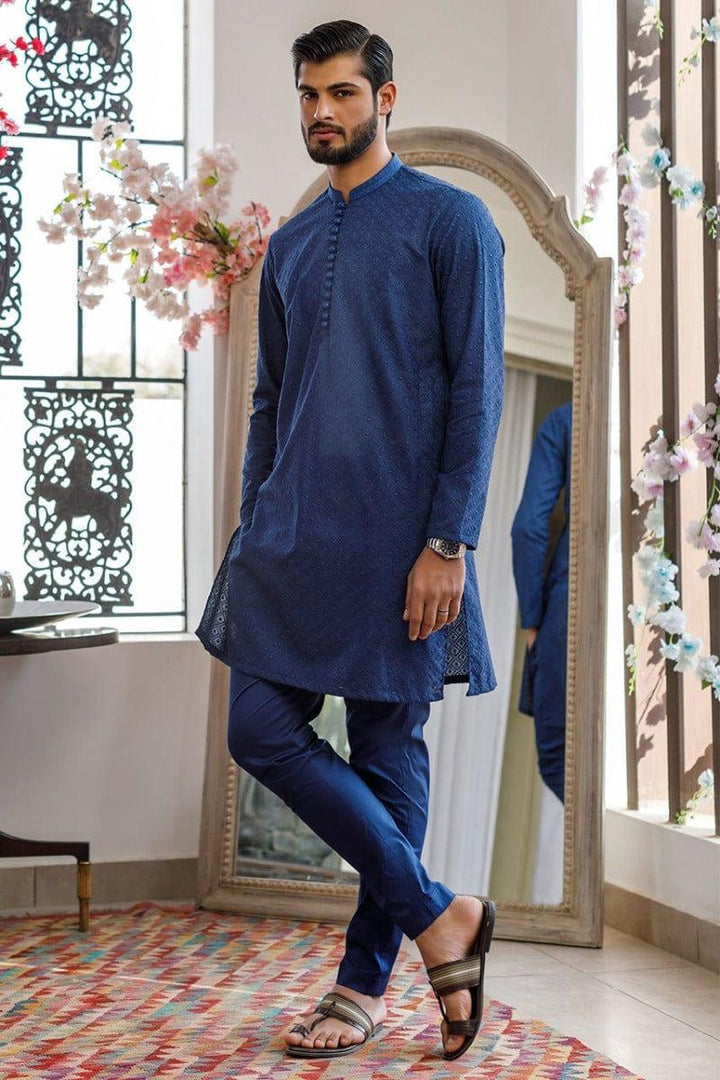 Deepak Perwani Men - Blue Cotton Embroidered Kurta Pajama - MOF1884 - 2 Piece - Studio by TCS