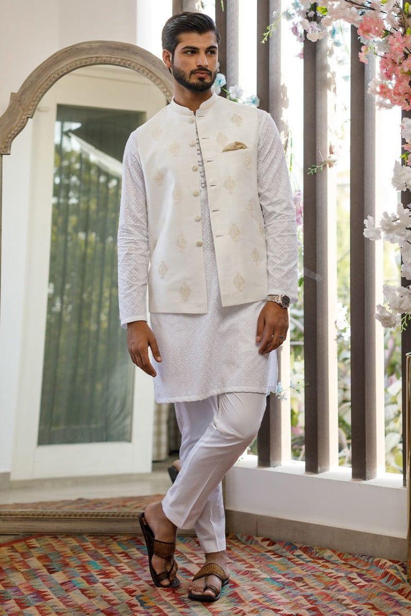 Deepak Perwani Men - White Cotton Embroidered Kurta Pajama - MOF1882 - 2 Piece - Studio by TCS