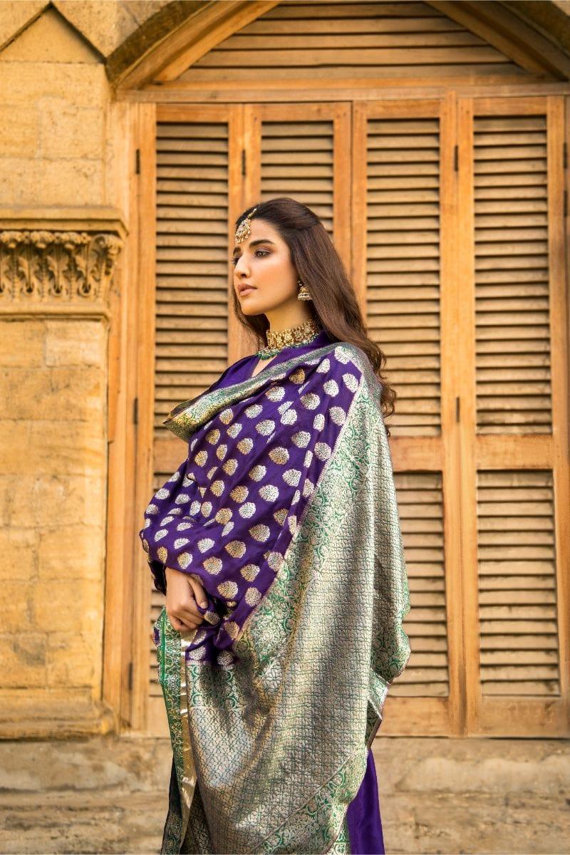 Pinktree - Royal Purple Handwoven Banarsi Silk Doshala with Royal Purple Silk Kurta Shalwar - Studio by TCS
