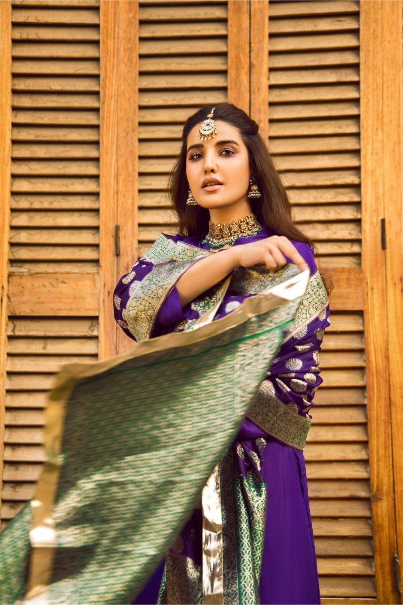 Pinktree - Royal Purple Handwoven Banarsi Silk Doshala with Royal Purple Silk Kurta Shalwar - Studio by TCS