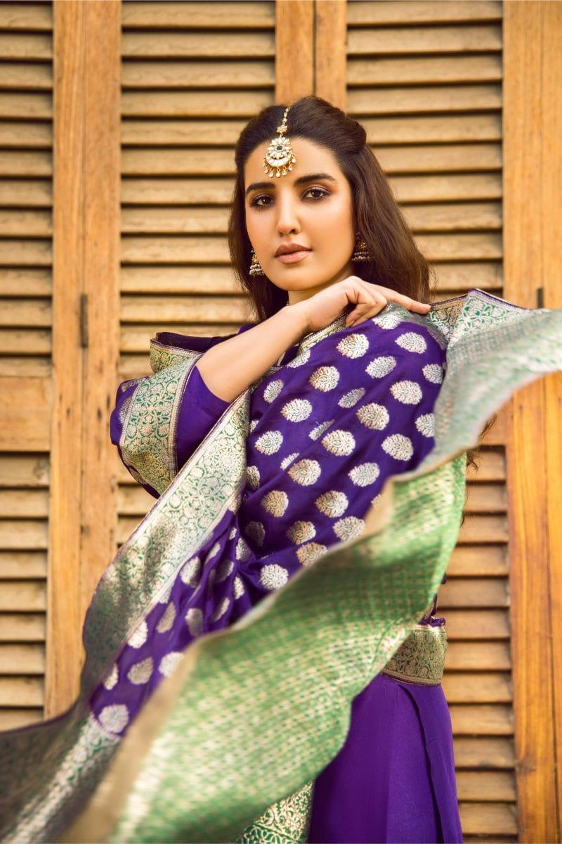 Pinktree - Royal Purple Handwoven Banarsi Silk Doshala with Royal Purple Silk Kurta Shalwar - Studio by TCS