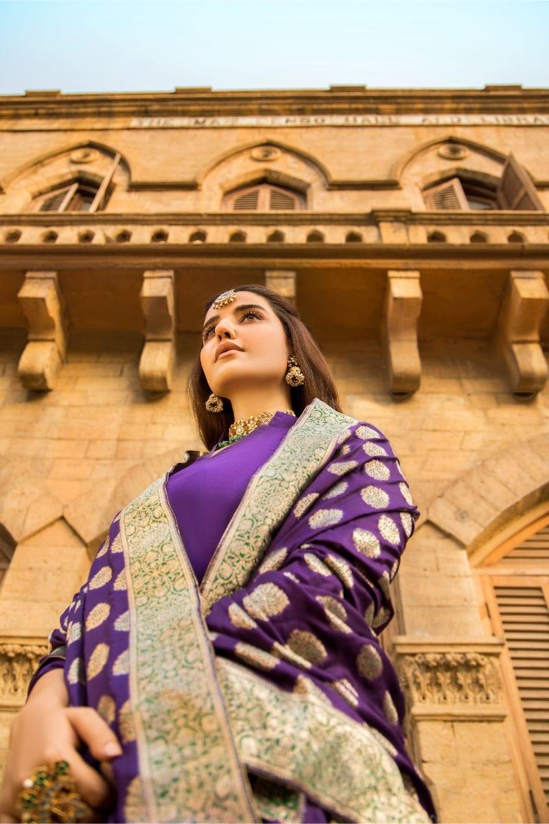 Pinktree - Royal Purple Handwoven Banarsi Silk Doshala with Royal Purple Silk Kurta Shalwar - Studio by TCS