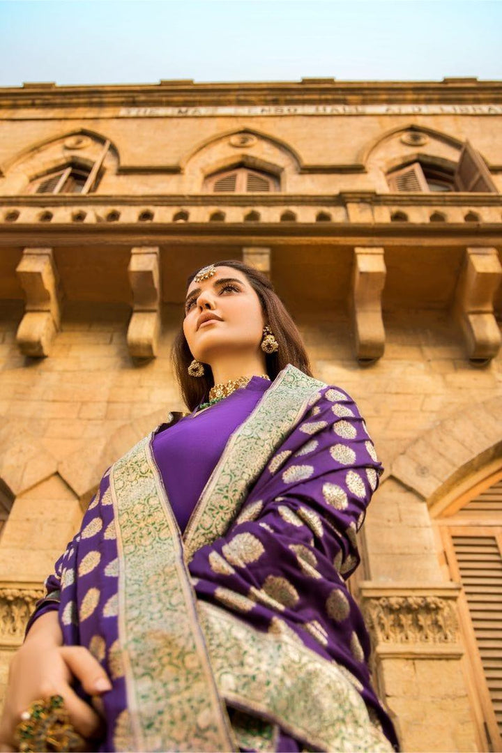 Pinktree - Royal Purple Handwoven Banarsi Silk Doshala with Royal Purple Silk Kurta Shalwar - Studio by TCS