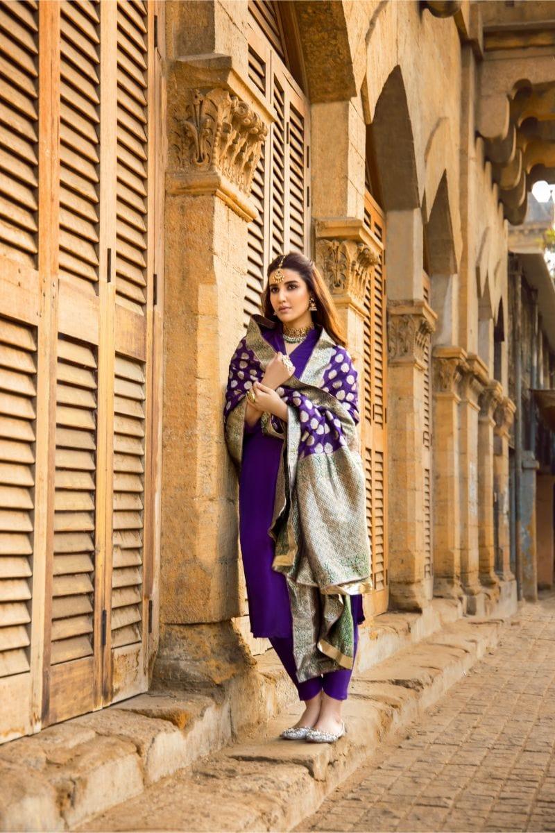 Pinktree - Royal Purple Handwoven Banarsi Silk Doshala with Royal Purple Silk Kurta Shalwar - Studio by TCS