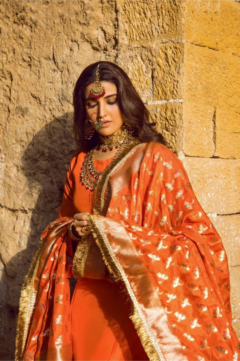 Pinktree - Blazing Orange Handwoven Banarsi Silk Doshala with Orange Silk Kurta and tight Shalwar - Studio by TCS