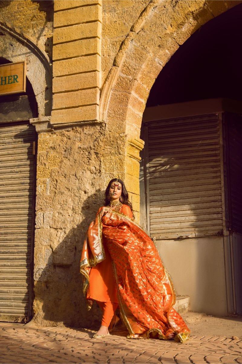 Pinktree - Blazing Orange Handwoven Banarsi Silk Doshala with Orange Silk Kurta and tight Shalwar - Studio by TCS