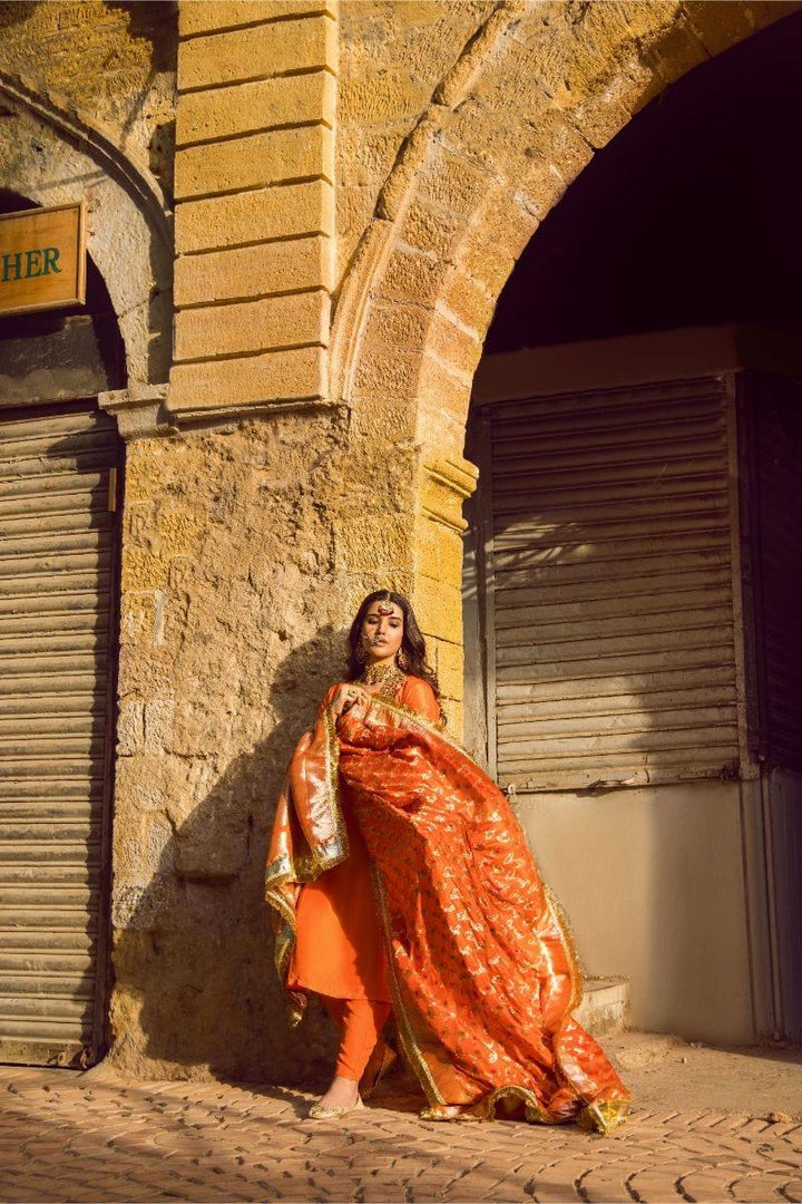 Pinktree - Blazing Orange Handwoven Banarsi Silk Doshala with Orange Silk Kurta and tight Shalwar - Studio by TCS