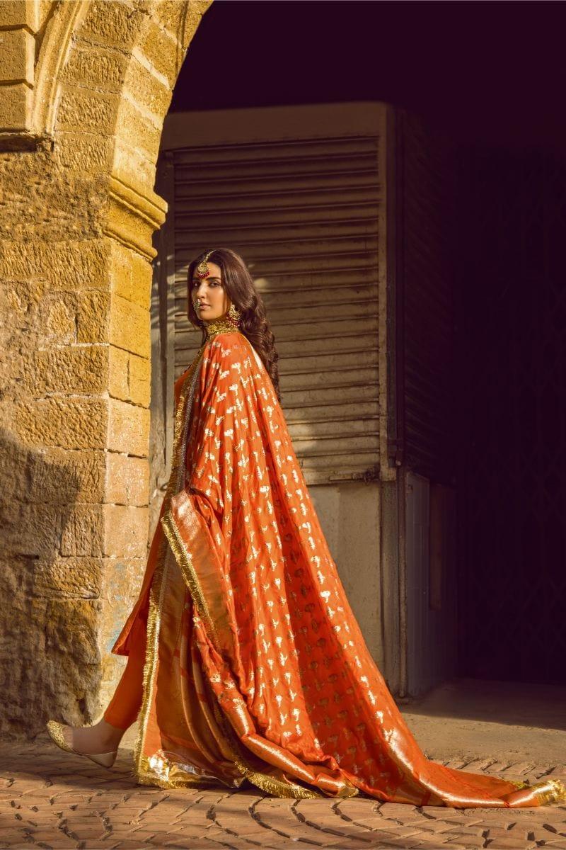 Pinktree - Blazing Orange Handwoven Banarsi Silk Doshala with Orange Silk Kurta and tight Shalwar - Studio by TCS