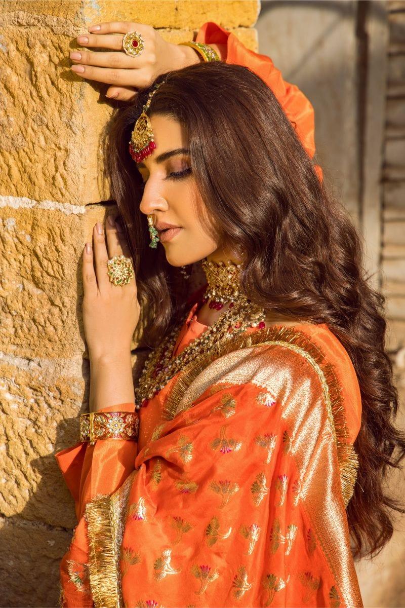 Pinktree - Blazing Orange Handwoven Banarsi Silk Doshala with Orange Silk Kurta and tight Shalwar - Studio by TCS