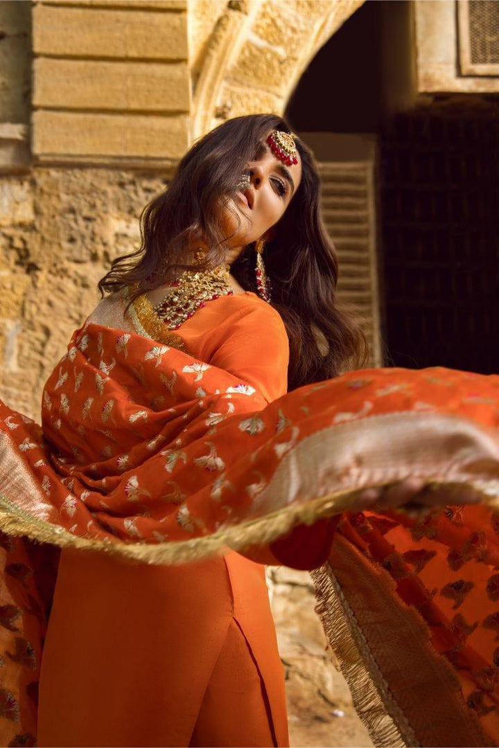Pinktree - Blazing Orange Handwoven Banarsi Silk Doshala with Orange Silk Kurta and tight Shalwar - Studio by TCS
