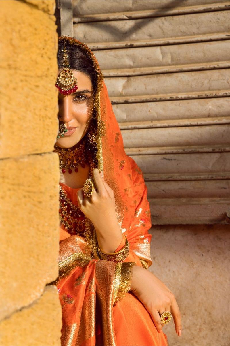 Pinktree - Blazing Orange Handwoven Banarsi Silk Doshala with Orange Silk Kurta and tight Shalwar - Studio by TCS