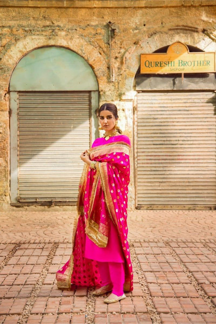 Pinktree - Fuchsia pink Handwoven Banarsi Silk Doshala with Silk Kurta Shalwar - Studio by TCS