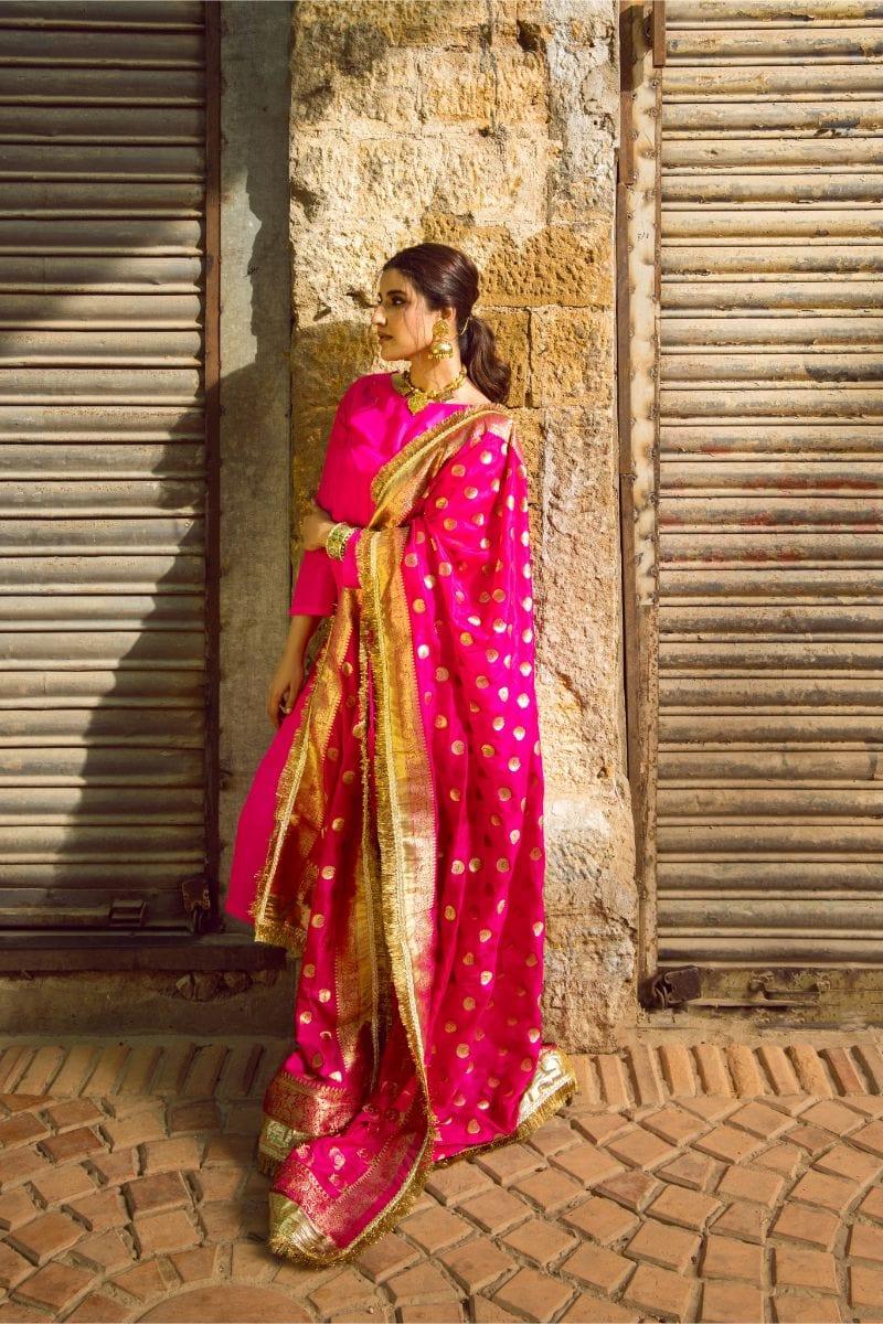 Pinktree - Fuchsia pink Handwoven Banarsi Silk Doshala with Silk Kurta Shalwar - Studio by TCS