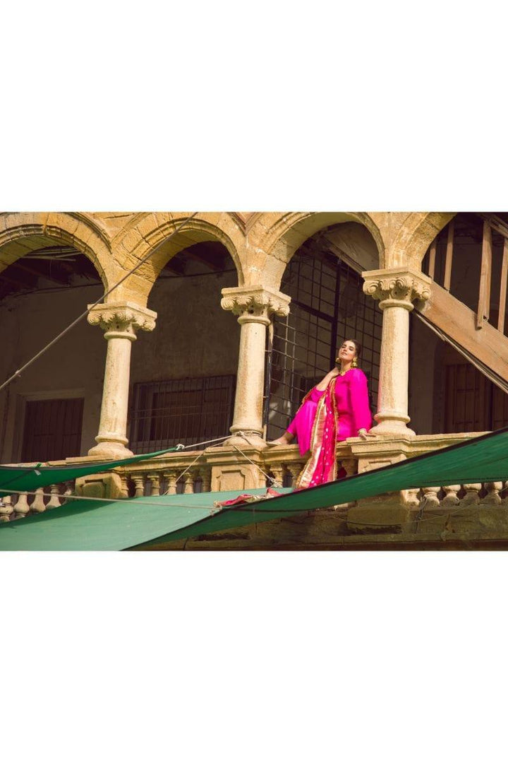 Pinktree - Fuchsia pink Handwoven Banarsi Silk Doshala with Silk Kurta Shalwar - Studio by TCS