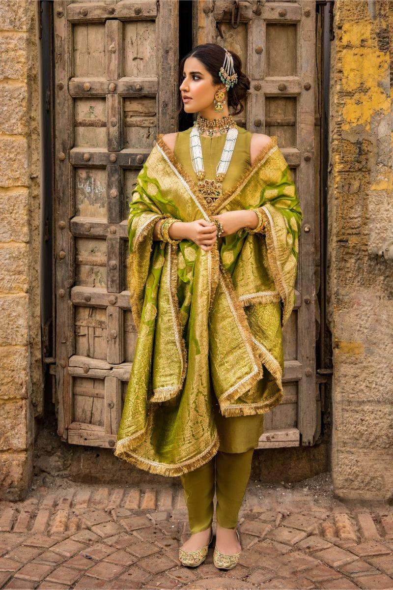 Pinktree - Olive Silk Shirt and Narrow Shalwar with Olive Raw Silk Hand-woven Artisanal Banarasi Doshala - Studio by TCS
