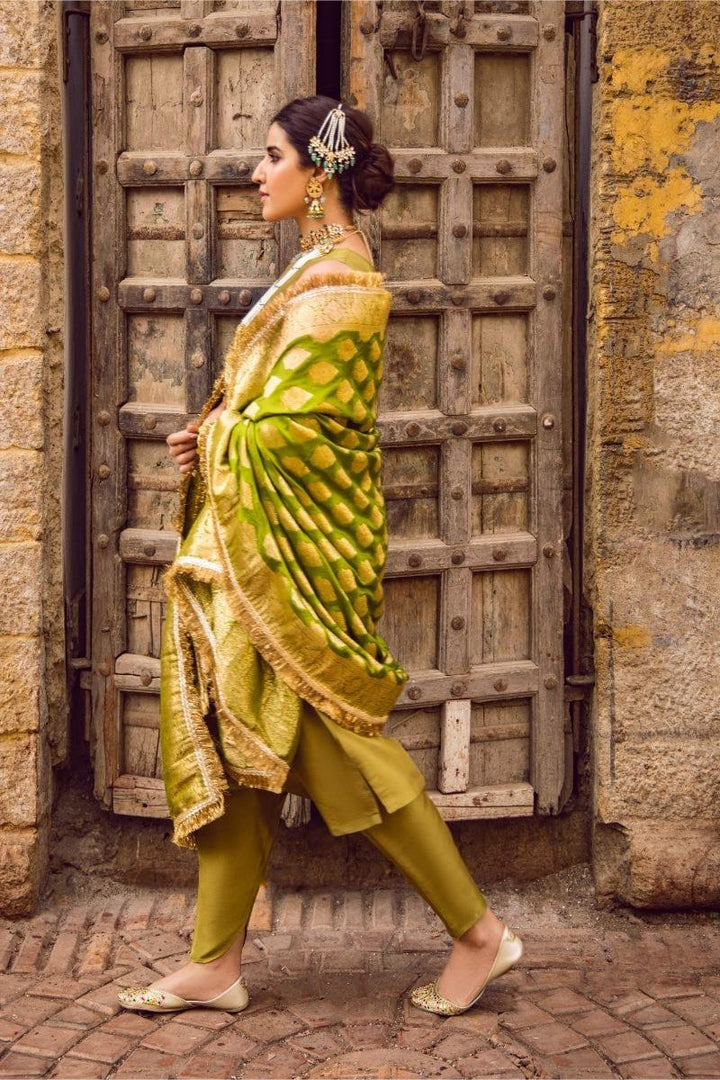 Pinktree - Olive Silk Shirt and Narrow Shalwar with Olive Raw Silk Hand-woven Artisanal Banarasi Doshala - Studio by TCS