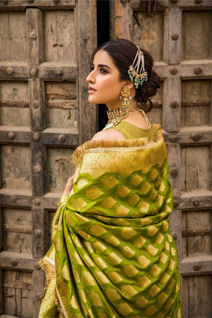Pinktree - Olive Silk Shirt and Narrow Shalwar with Olive Raw Silk Hand-woven Artisanal Banarasi Doshala - Studio by TCS