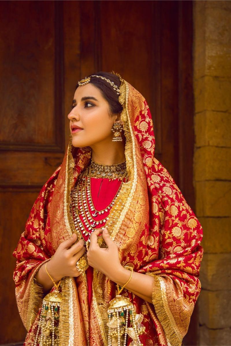 Pinktree - Red Silk Shirt and Narrow Shalwar with Raw Silk Hand Woven Artisanal Banarasi Doshala - Studio by TCS