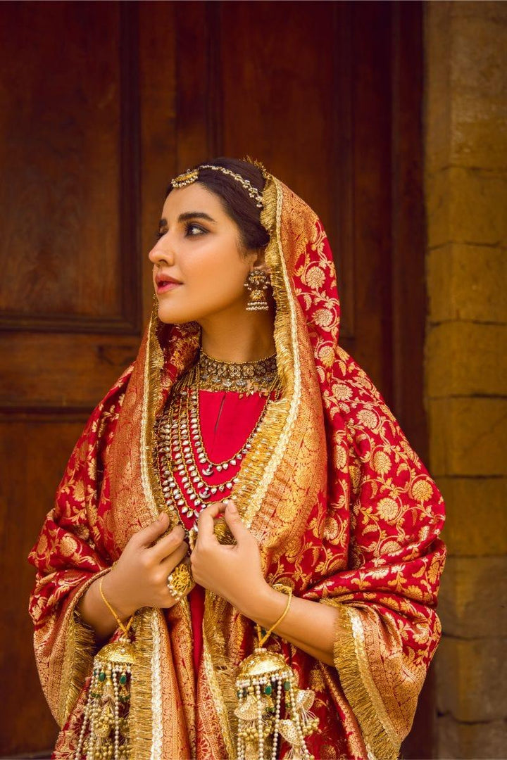 Pinktree - Red Silk Shirt and Narrow Shalwar with Raw Silk Hand Woven Artisanal Banarasi Doshala - Studio by TCS