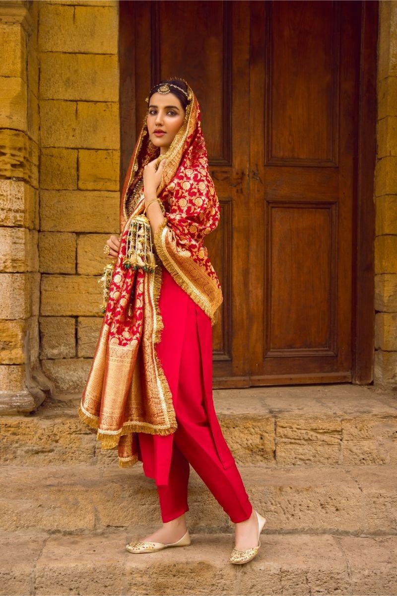 Pinktree - Red Silk Shirt and Narrow Shalwar with Raw Silk Hand Woven Artisanal Banarasi Doshala - Studio by TCS