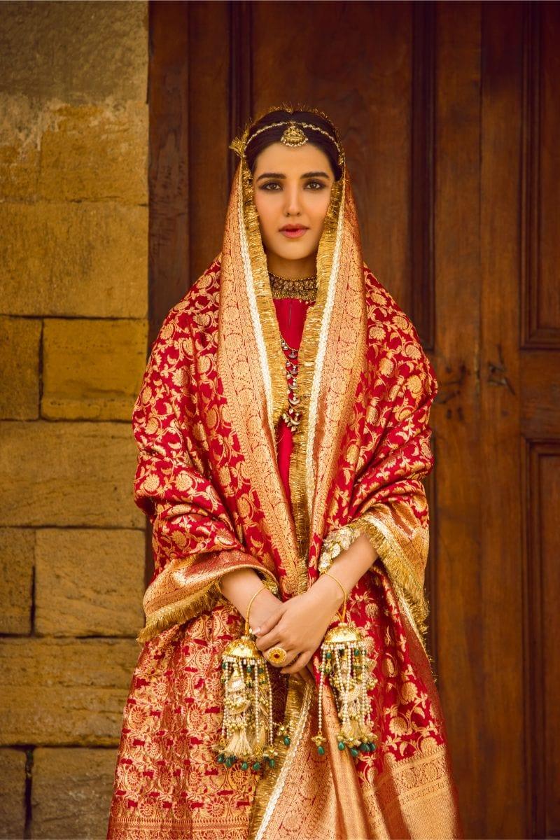 Pinktree - Red Silk Shirt and Narrow Shalwar with Raw Silk Hand Woven Artisanal Banarasi Doshala - Studio by TCS