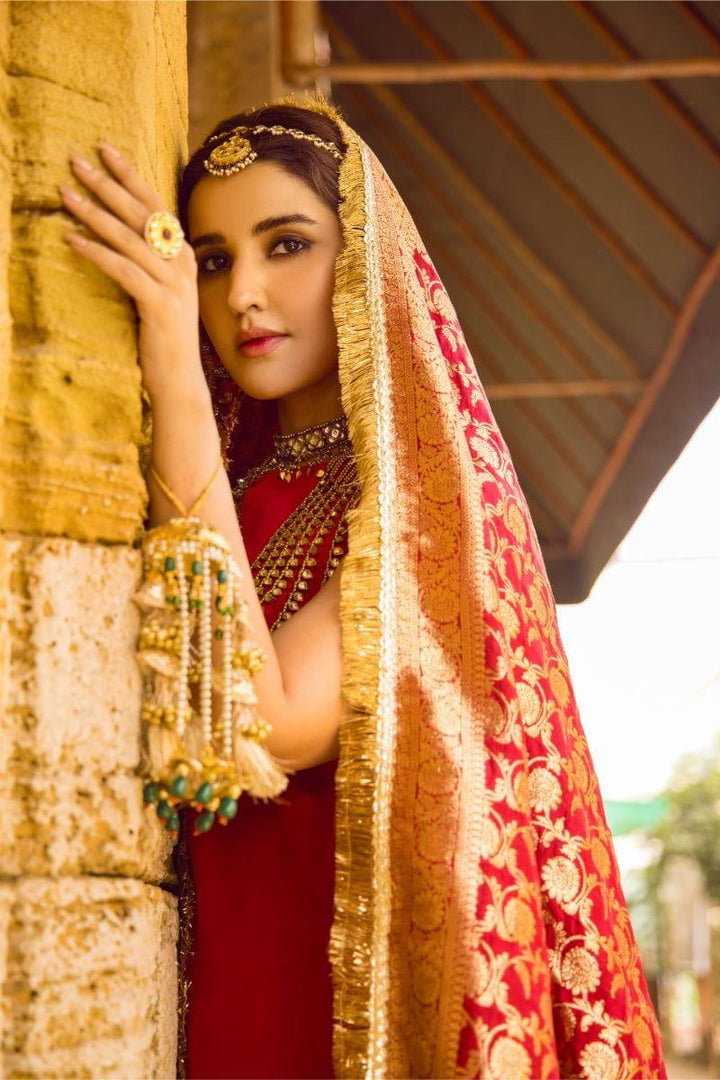Pinktree - Red Silk Shirt and Narrow Shalwar with Raw Silk Hand Woven Artisanal Banarasi Doshala - Studio by TCS