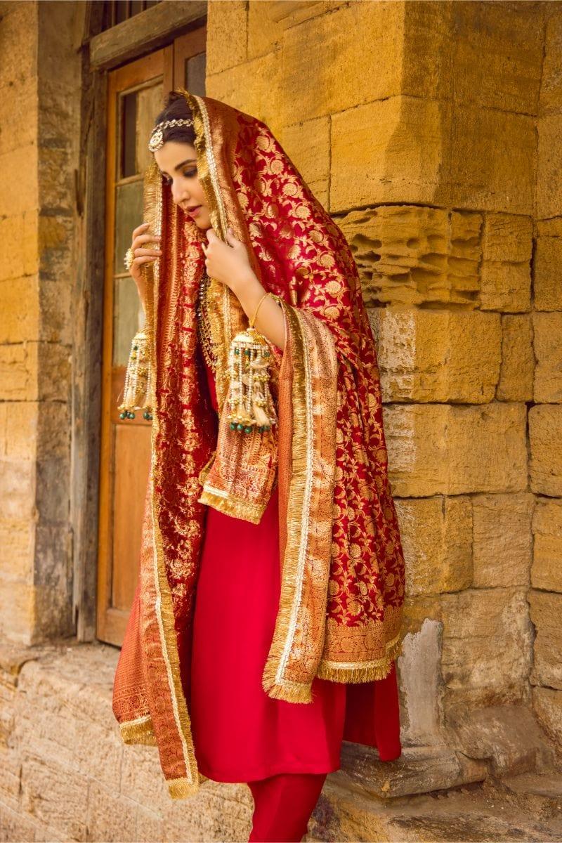 Pinktree - Red Silk Shirt and Narrow Shalwar with Raw Silk Hand Woven Artisanal Banarasi Doshala - Studio by TCS