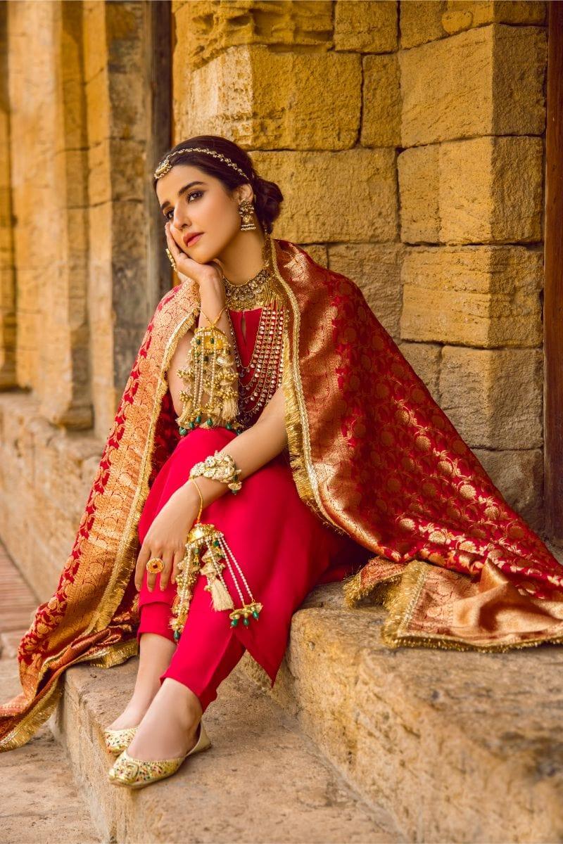 Pinktree - Red Silk Shirt and Narrow Shalwar with Raw Silk Hand Woven Artisanal Banarasi Doshala - Studio by TCS