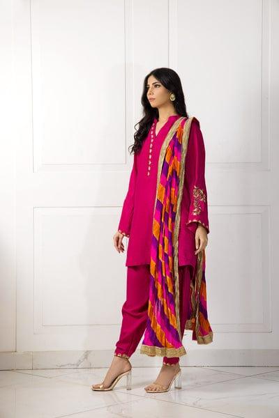 Shehrnaz - Hot Pink Silk Shirt and Shalwar with Shaded Dupatta - SHK-1046 - Studio by TCS
