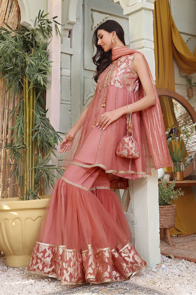 Sanas - Lorex & Net Gharara 3 Piece Suit - SHIREEN FESTIVE - G123162 - Dusty Rose