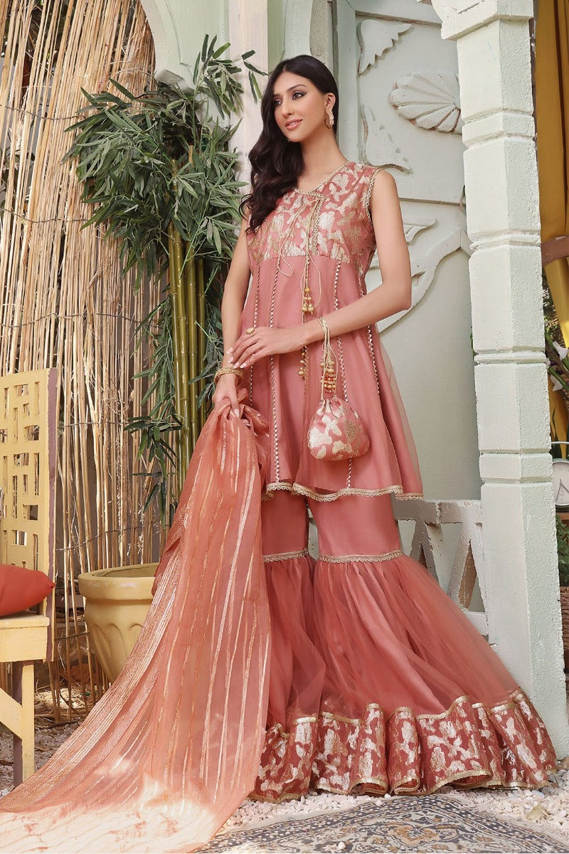 Sanas - Lorex & Net Gharara 3 Piece Suit - SHIREEN FESTIVE - G123162 - Dusty Rose
