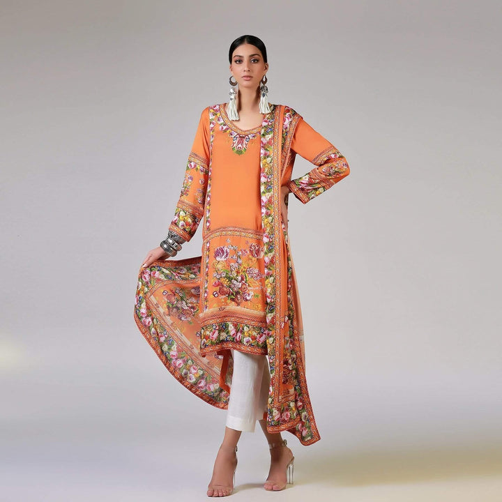 Rizwan Beyg - Renaissance Garlands On Printed Orange Shirt with Dupatta