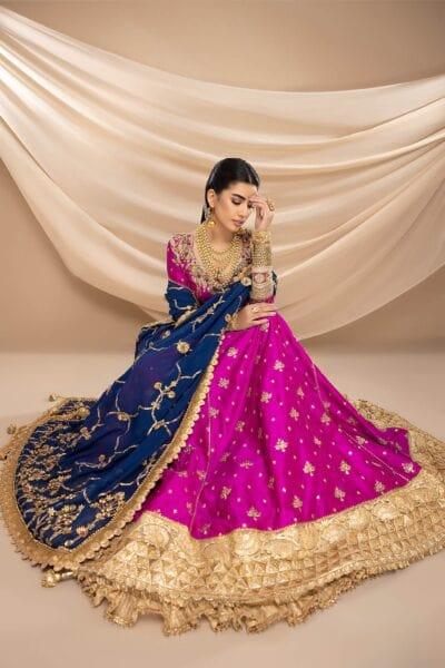 Nilofer Shahid - Indian Raw Silk Embellished Peshwas with Pure Chiffon Persian Blue Dupatta - 2 Piece - Studio by TCS