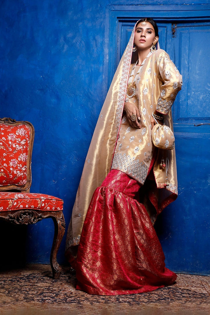 Sanas - Aari Handwork Embroidered Brocade Gharara Suit | SIRA | G202041