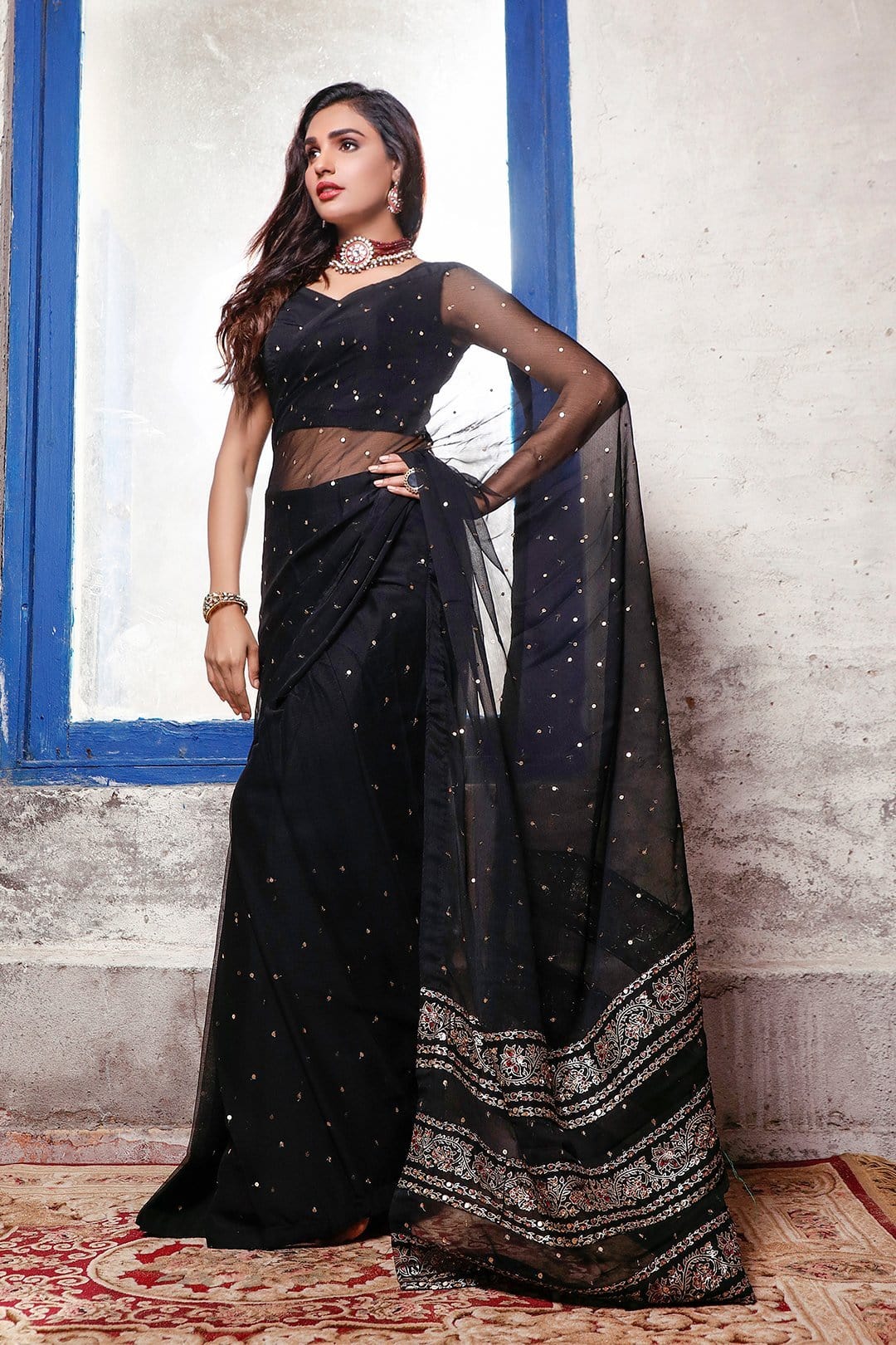 Sanas - Screen Printed Chiffon Sequins Saree | SIRA | SR202056
