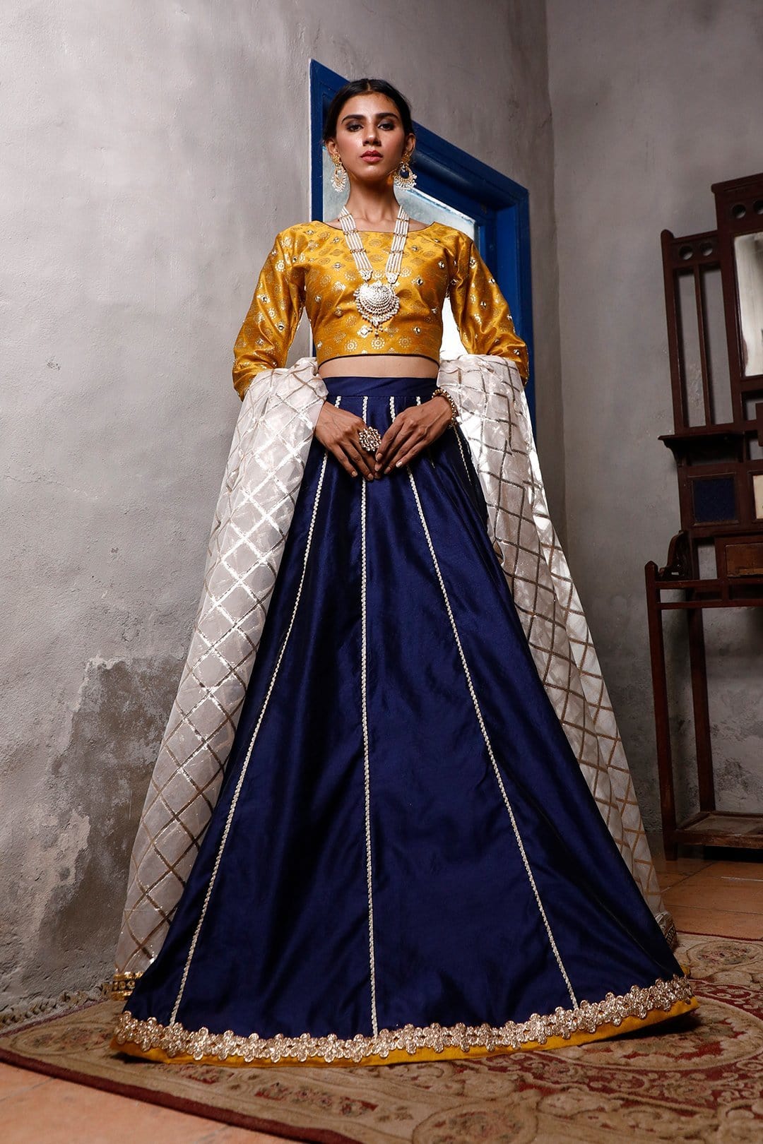 Sanas - Printed Raw Silk Mirror Work Lehenga Choli | SIRA | L202044