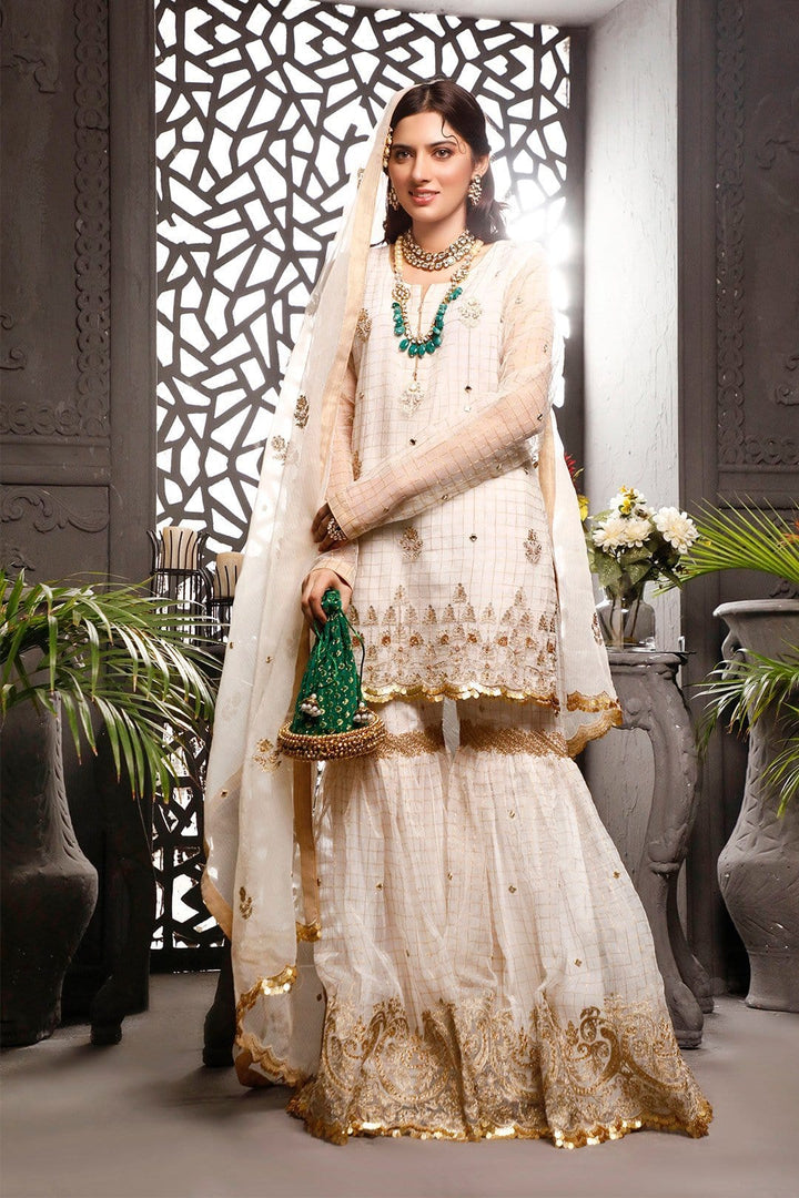Sanas - Aari Embroidered Zari Organza Gharara Suit | Nikhaar | G202020