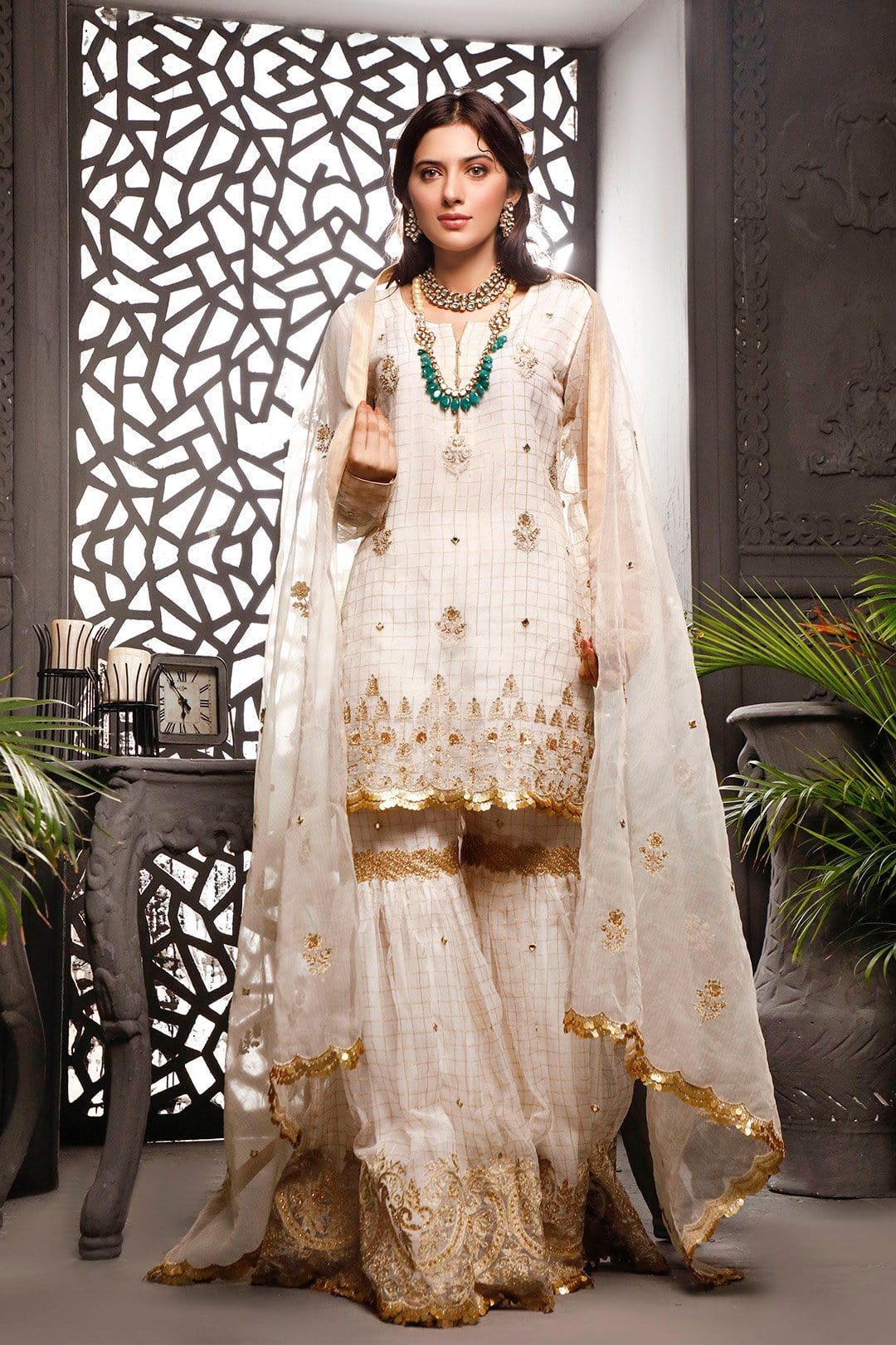Sanas - Aari Embroidered Zari Organza Gharara Suit | Nikhaar | G202020